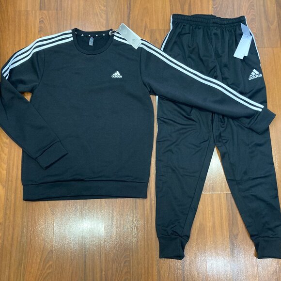 adidas Men 2pc Set Crew Neck Sweater PANTS Tracksuit Black Activewear Size M New - Picture 1 of 4